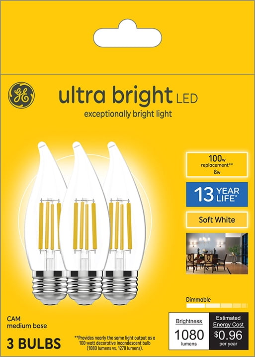 GE Ultra Bright LED Decorative Light Bulbs, 100 Watt Eqv, Soft White, Medium Base, 3pk