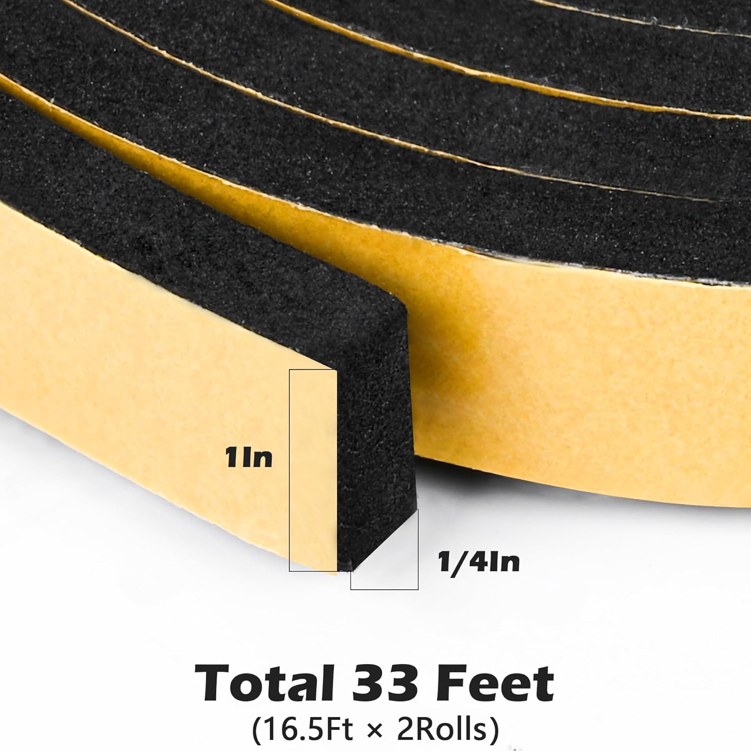 Black Door Window Weather Stripping Self Adhesive Foam Tape High Density Foam Sealing Strip Window Insulation Weatherproof Gasket Tape 1" Wide X 1/4" Thick, 16.5 Ft X 2 Rolls, Total 33 Feet