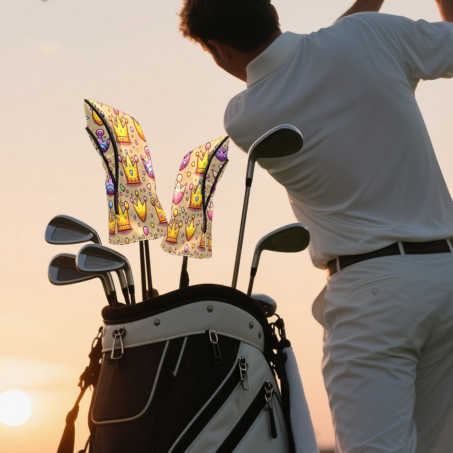Golf Club Covers, Yellow Purple Crowns Premium PU Leather Driver Hybrid Putter Head Covers with Velvet Lining, Waterproof Golf Gifts for Men Women