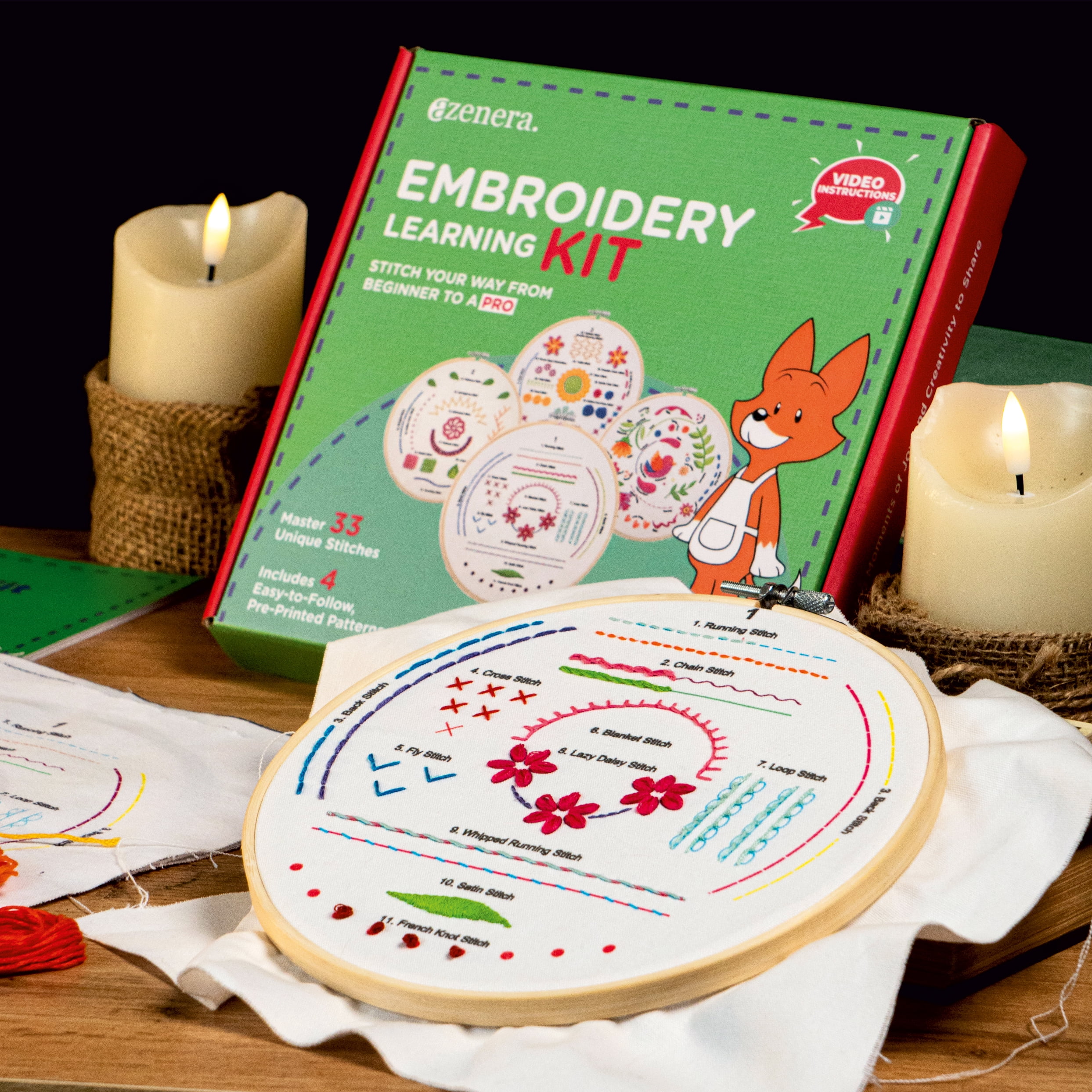 aZenera Embroidery Kit for Beginners - Learn 33 Stitches with Video Instructions, Cross Stitch Tutorials, Hoop, 4 Pattern Designs