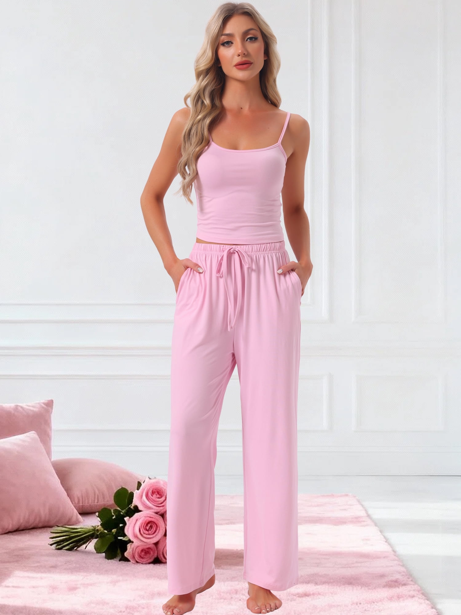 DARING DIVA Women's Pajama Set Cami Jersey Knit Adjustable Spaghetti Strap Pants L Pink