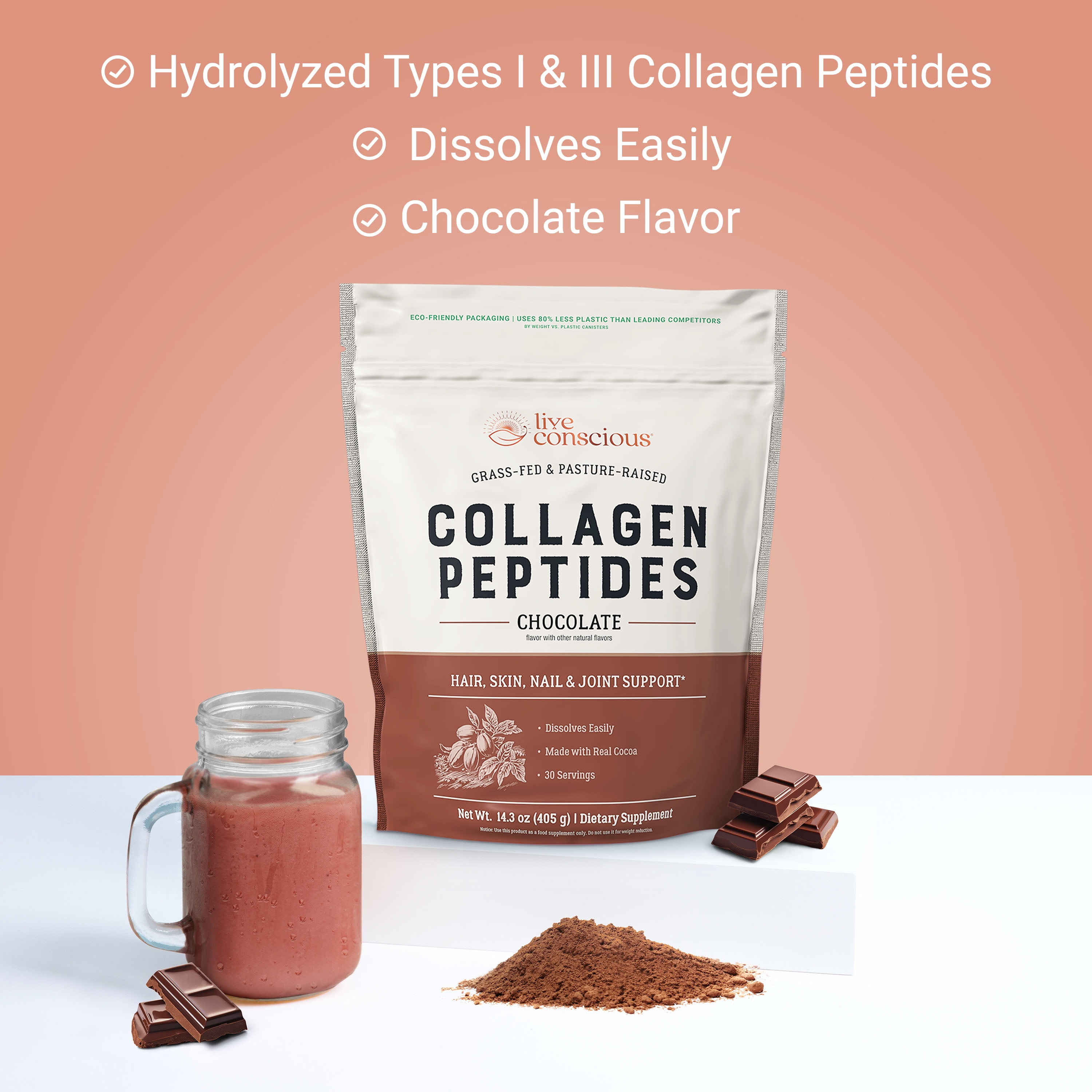 Live Conscious Peptides Chocolate Collagen Powder, Grass-Fed Types I & III, Skin, Hair, Nails & Joint Support, 30 Servings