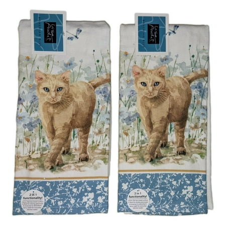 

Set of 2 Bohemian Blue CAT & FLOWERS Terry Kitchen Towels by Kay Dee Designs