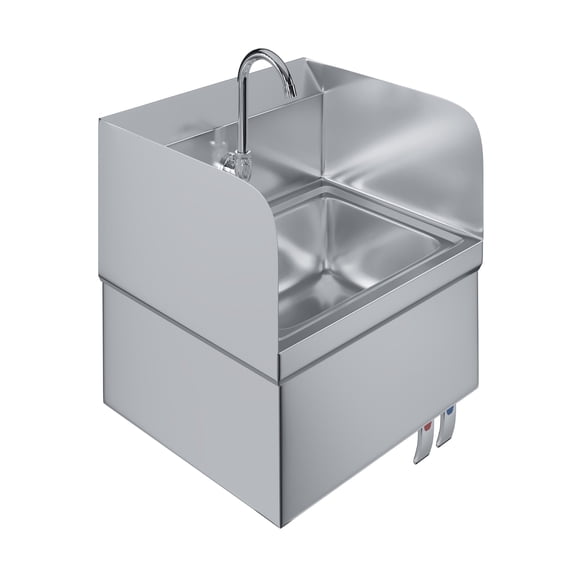 AmGood Stainless Steel Hands-Free Wall-Mounted Hand Sink 17 in x 15 in with Double Knee Valves, Faucet, and Side Splash Guards