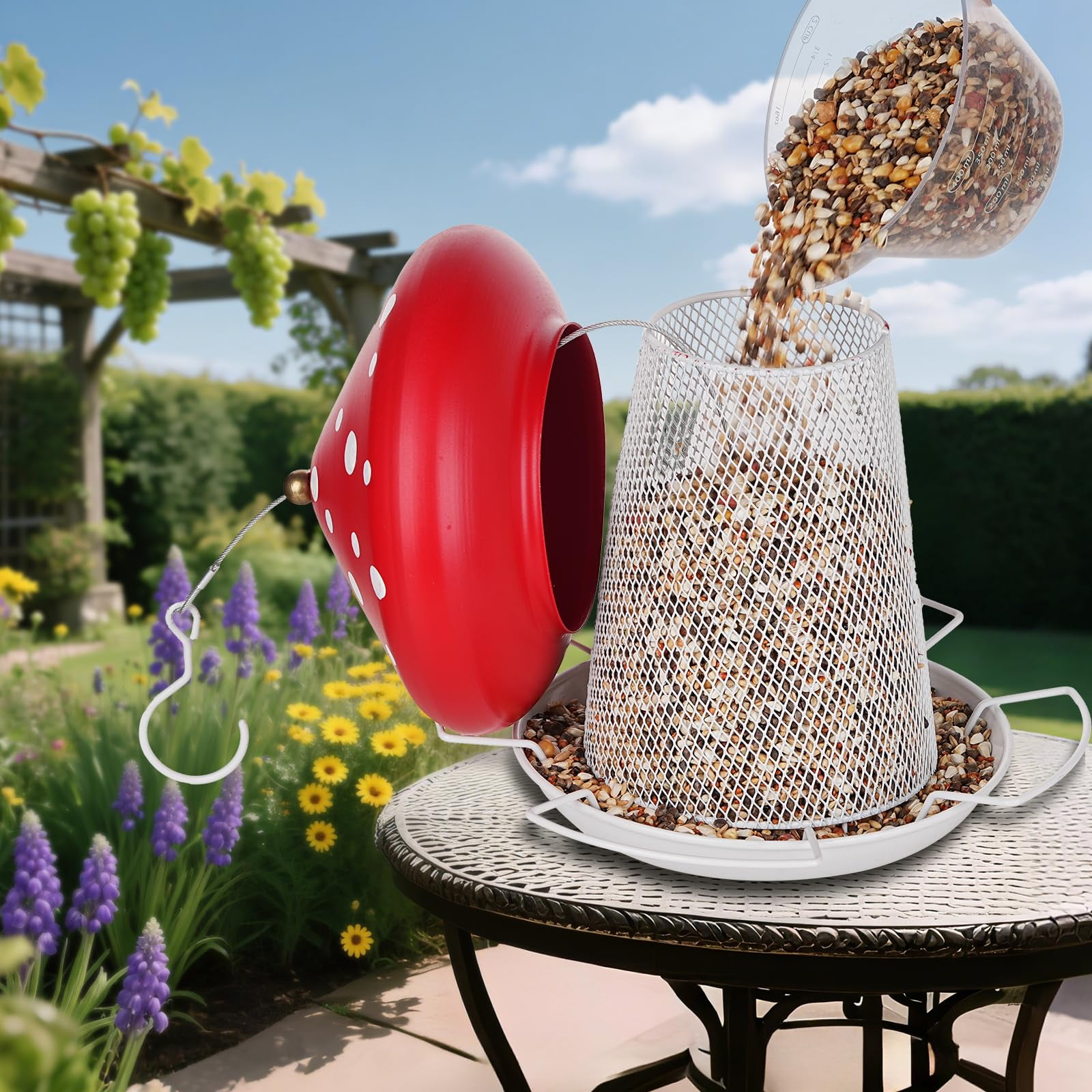 Samhe Bird Feeder, Mushroom Shape Outdoor Metal Wild Bird Feeder for Garden Yard Outside 3.5 lbs Large Capacity