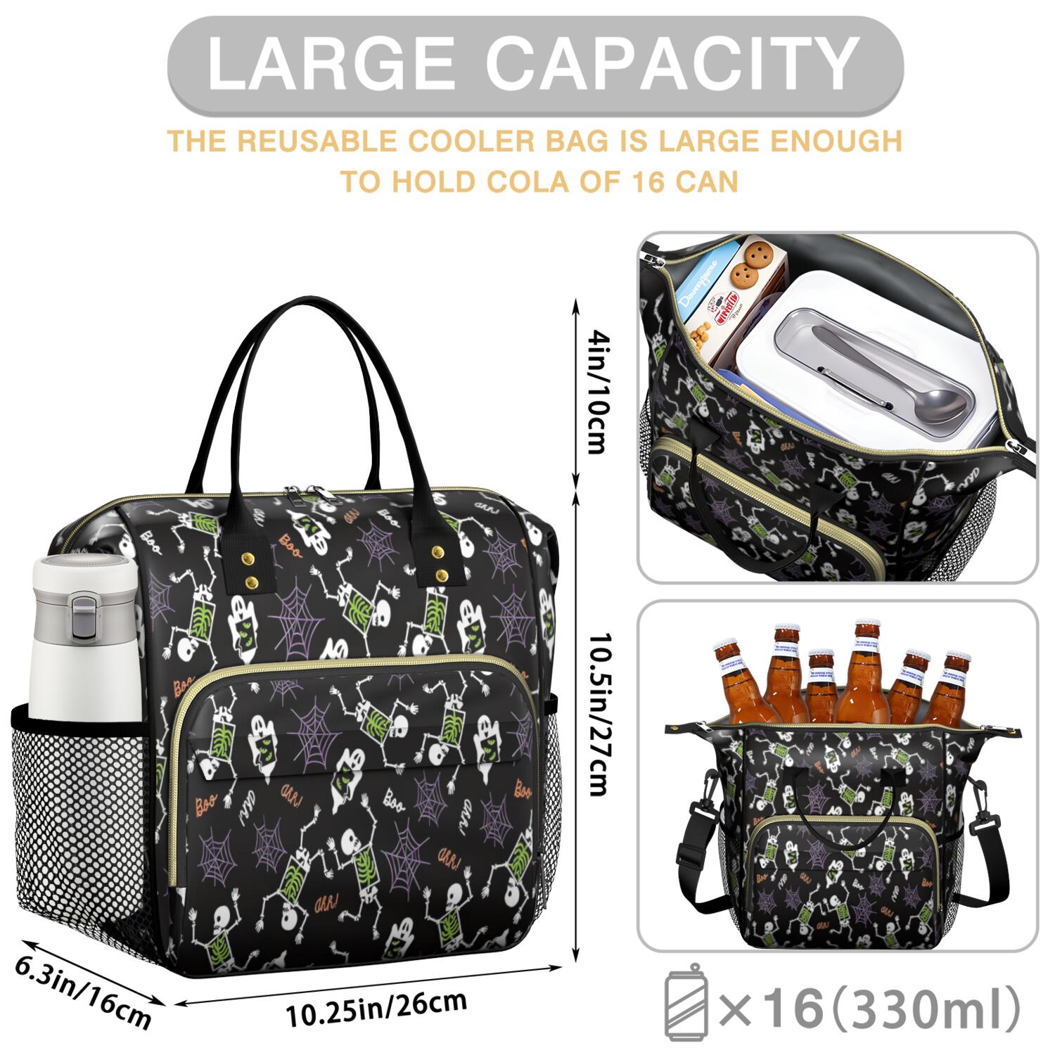 Halloween Skeleton Ghost Pattern Womens Lunch Box for Work,Insulated Large Lunch Bag for Tween and Teen,Loncheras Para Mujer,Leakproof Adult Lunch Bag for Work,Beach,Travel,Picnic,Camping