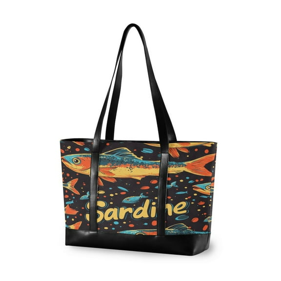 FORMRS Canvas Laptop Tote Bag for Women with 15.6" Computer Compartments Shoulder Handbag, Black Sardines Pattern