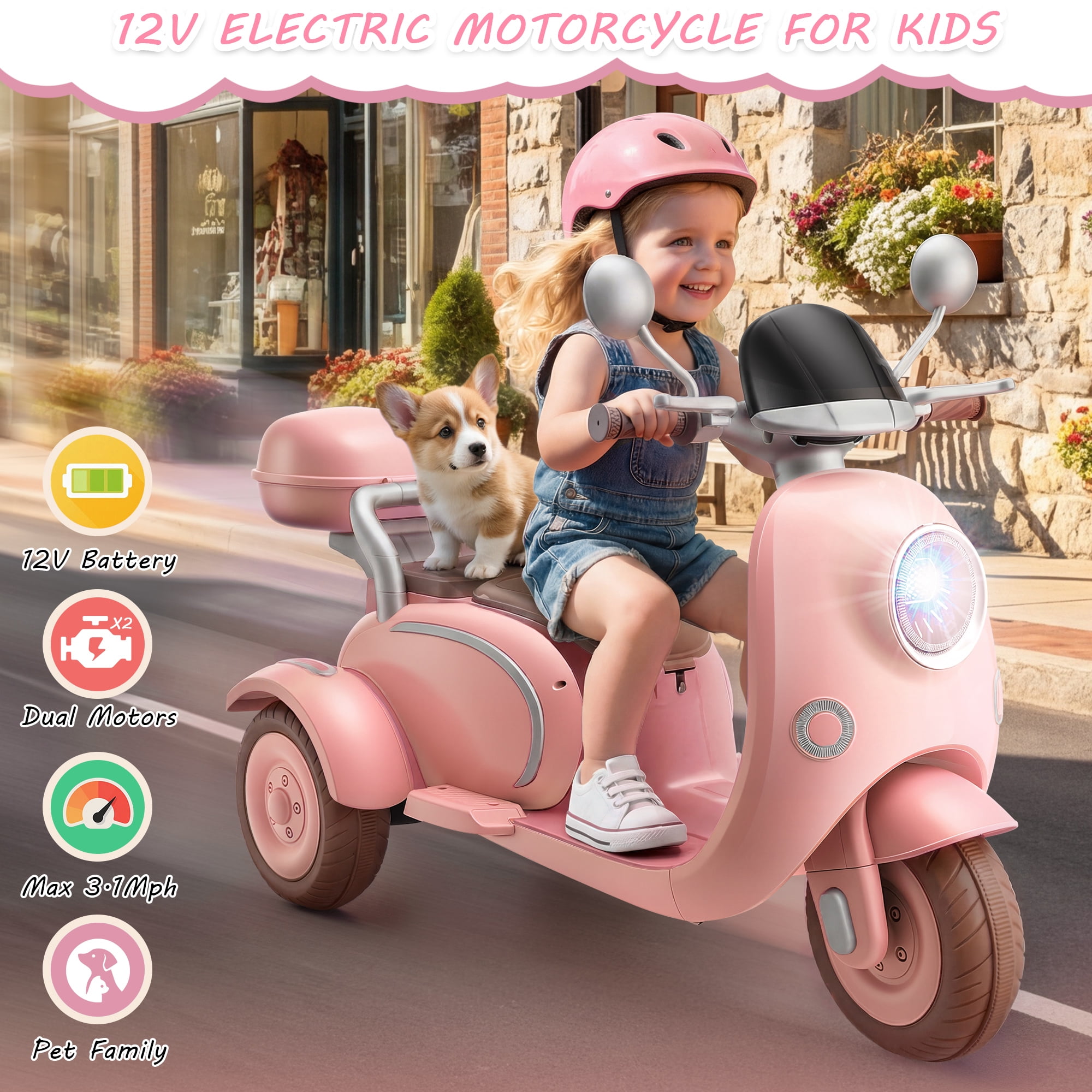 Farmdex 12V Kids Electric Motorcycle, 2 Seater Ride on Toys, 3 Wheel Ride on Motorcycle with Storage Box, USB, Music, LED Lights, Age 2+, Pink