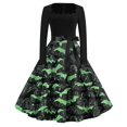 thumbnail image 1 of Vestido vintage de Halloween para mujer, vestido con estampado de murciélago, manga larga y cinturón, 1 of 3