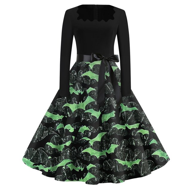Vestido vintage de Halloween para mujer, vestido con estampado de murciélago, manga larga y cinturón