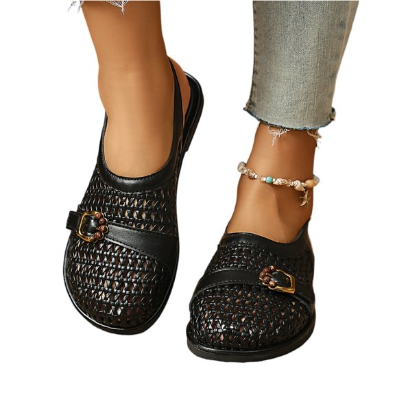 Women's Woven Slingback Flats, Buckle Strap Casual Shoes, Breathable Summer Shoes Non Slip Wide Width Available for Office