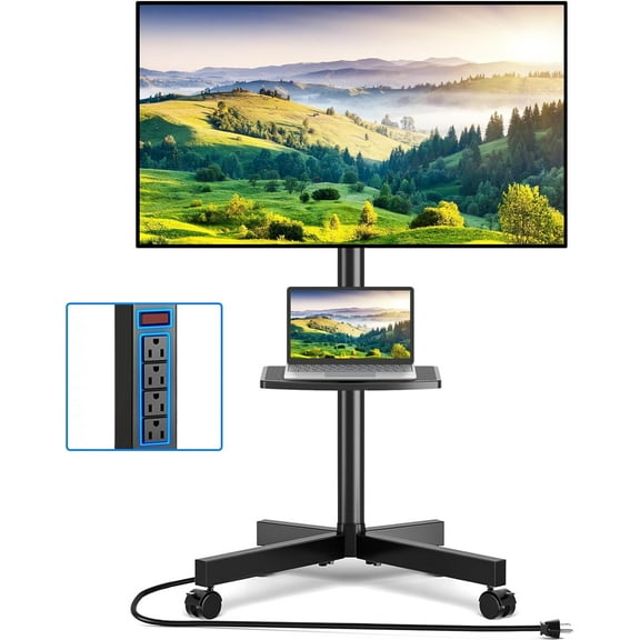 Mobile TV Cart with Power Outlet, Rolling TV Stand for 23-60 Inch LCD LED OLED Flat Panel Curved Screen TVs up to 88 lbs, Height Adjustable Portable TV Stand with Wheels, Max VESA 400x400mm