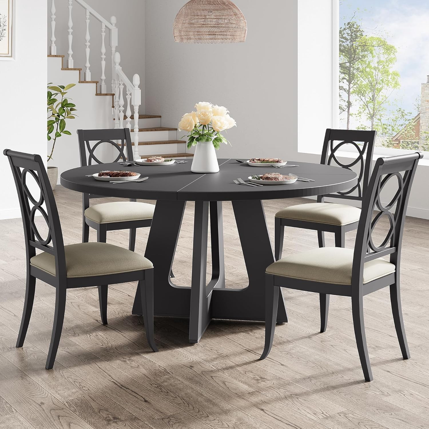 47-Inch Round Large Dining Table Set for 4 to 6, Farmhouse Dinner Table with Wooden Top and Legs for Home Dining Room or Living Room - Black