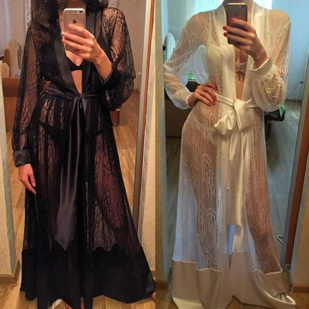 - Women Sexy Lingerie Mesh Lace Robe Cardigan Underwear Pajamas Sleepwear Dress