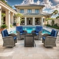thumbnail image 2 of POCASSY Patio Swivel Chairs Set of 4 with Fire Pit, Outdoor Patio Furniture Set with Fire Pit Table Outdoor Swivel Glider Rocker and 43" Propane Firepit Table Rectangular, Brown Wicker/Blue Cushion, 2 of 15