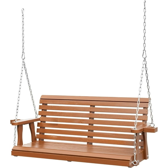 SUNCROWN Porch Swing 2-Seater, Wooden Outdoor Swing Bench with Cup Holder and Chains, 440 LBS Weight Capacity Outdoor Hanging Bench Swing for Patio & Garden (Brown)