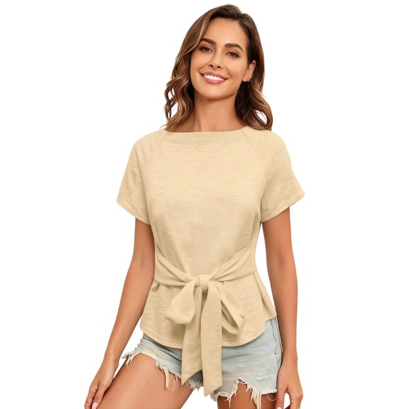 WMQPNNS Womens Short Sleeve Tee Tops Crewneck Sweatshirt Tie Front Casual 2026 Trendy Fashion T Shirt Summer Tops for Women, Size 2XL, Khaki