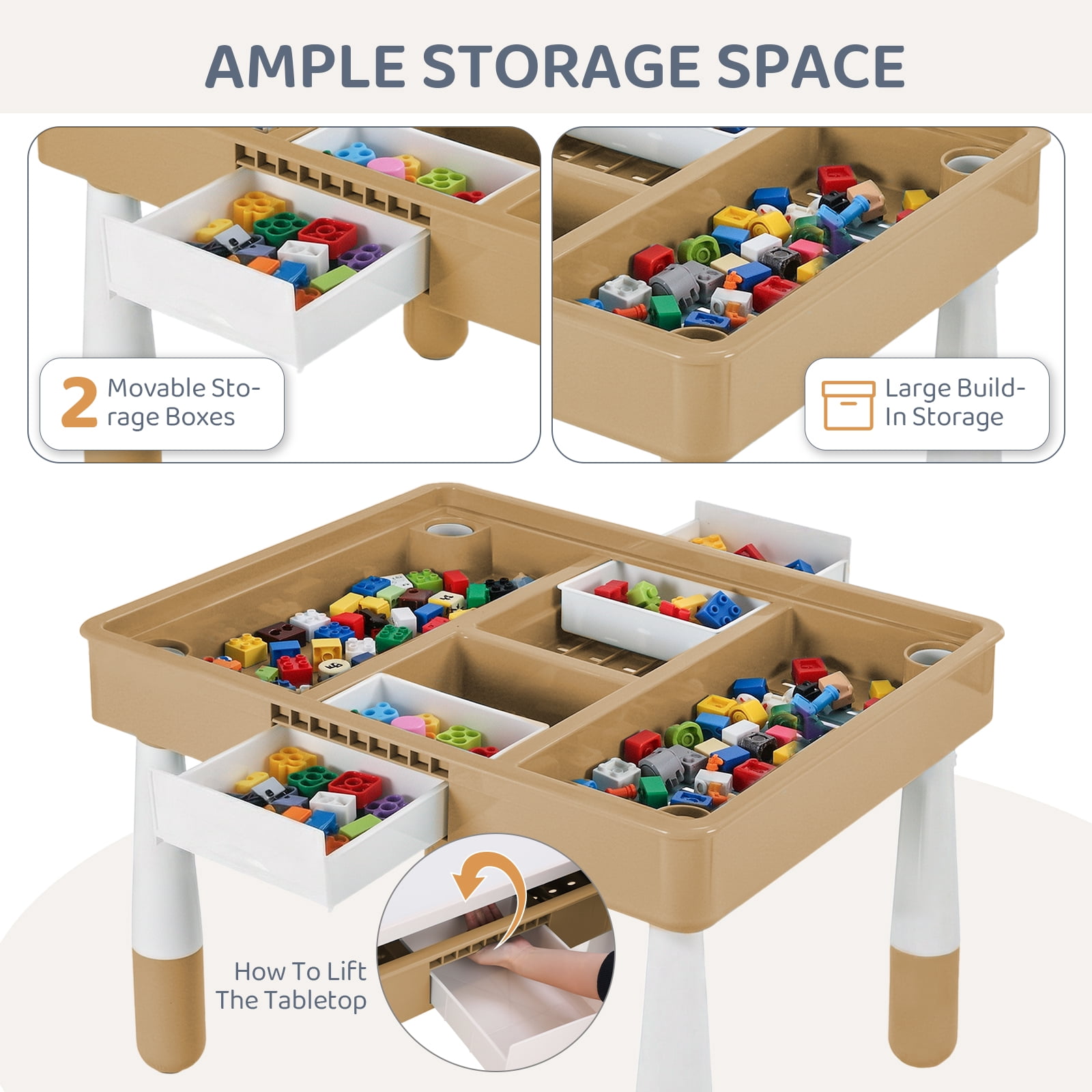 Arlopu 4 in 1 Kids Table and 2 Chairs Set with 2 Drawers, Toddler Table and Chair Set for Ages 3-10, Graffiti & Building Blocks Double-Sided Tabletop, Height Adjustable