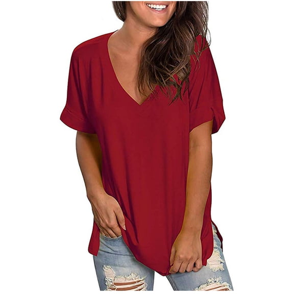 Women's Oversize V Neck Short Sleeve T Shirts Summer Basic Solid Tops 2026 Casual Loose Tees Trending