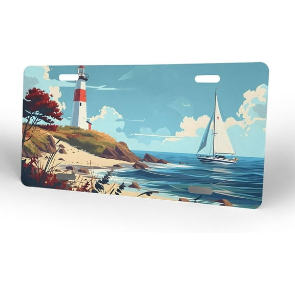 Cartoon Lighthouse License Plate, Decorative Car Front License Plate, Aluminum Novelty License Plates Vanity Tag Metal Car Plate for Women Men 6 X 12 Inch（4 Holes）
