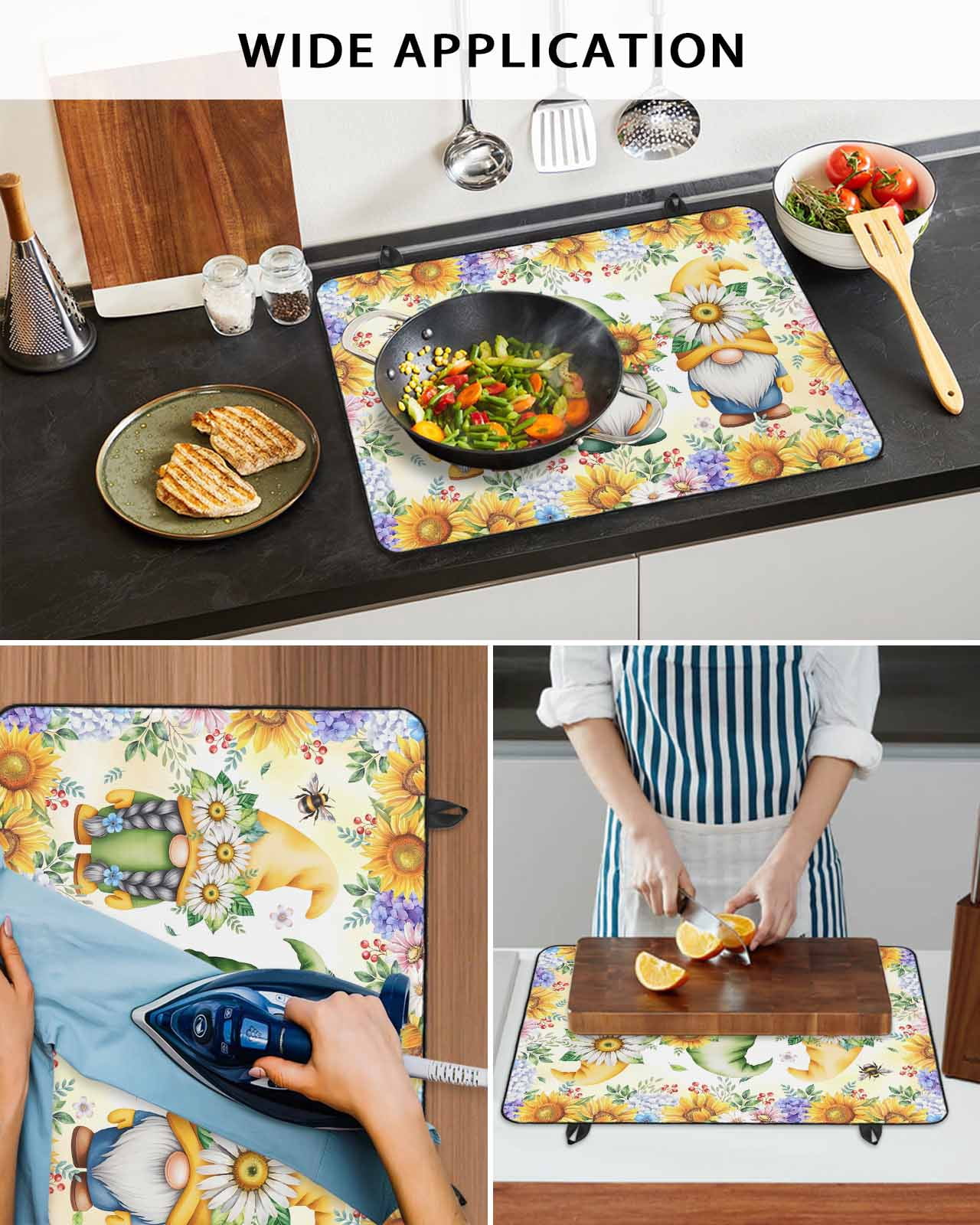 Large Induction Cooktop Protector Mat Yellow Sunflowers Stove Top Covers for Electric Stove, Spring Gnomes Hydrangea Daisy Plants Decorative Stove Burner Cover Mats, Glass Top Stove Cover