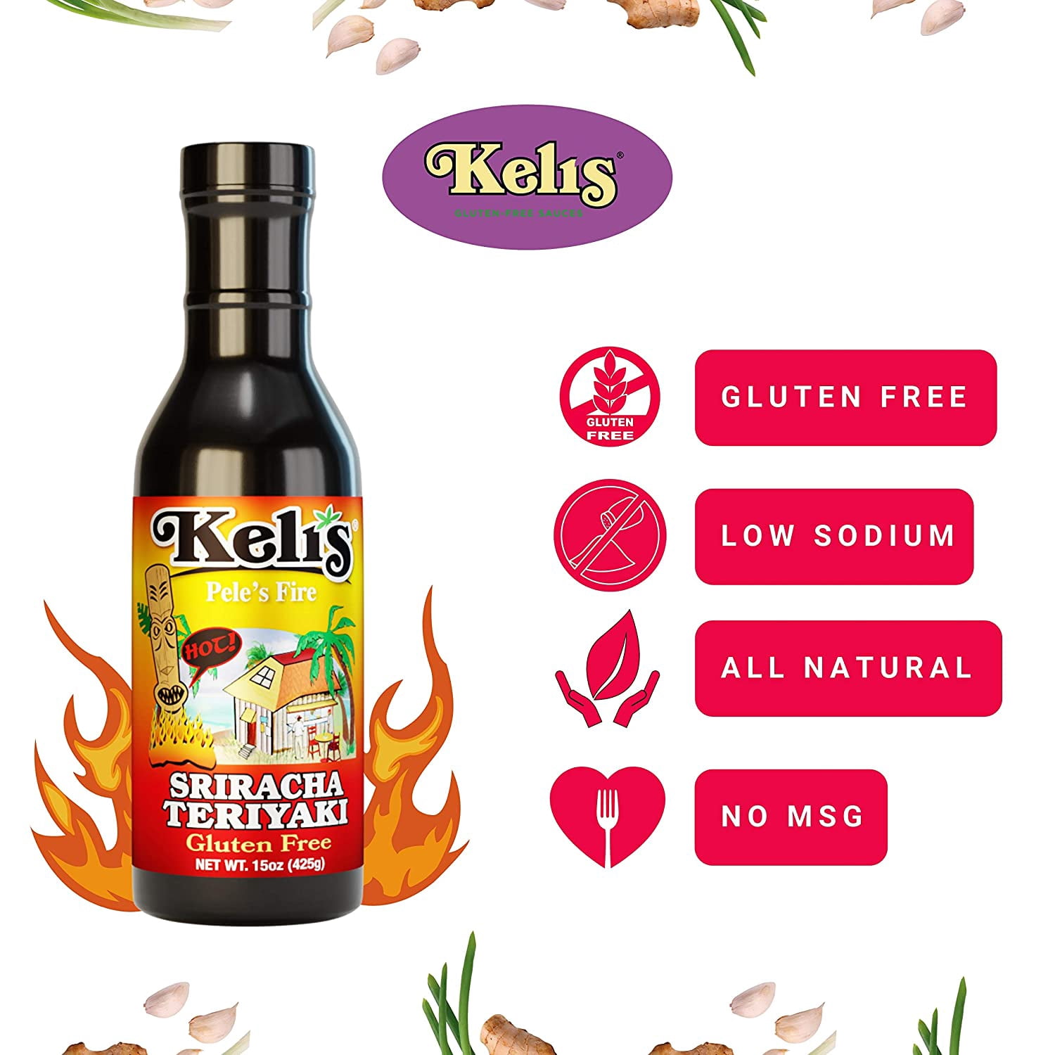 Keli’s Pele s Fire Sriracha Teriyaki, Hot and Spicy Teriyaki Marinade with a hint of Sriracha and Pineapple. Flavorful Teriyaki Wing Sauce - Made With Gluten Free Soy Sauce- 15 oz (Pack of 2)