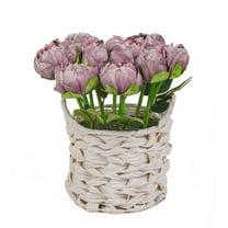 10 in. Light Purple Peony Flower Bouquet in White Basket