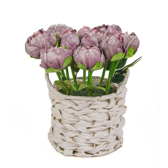 10 in. Light Purple Peony Flower Bouquet in White Basket