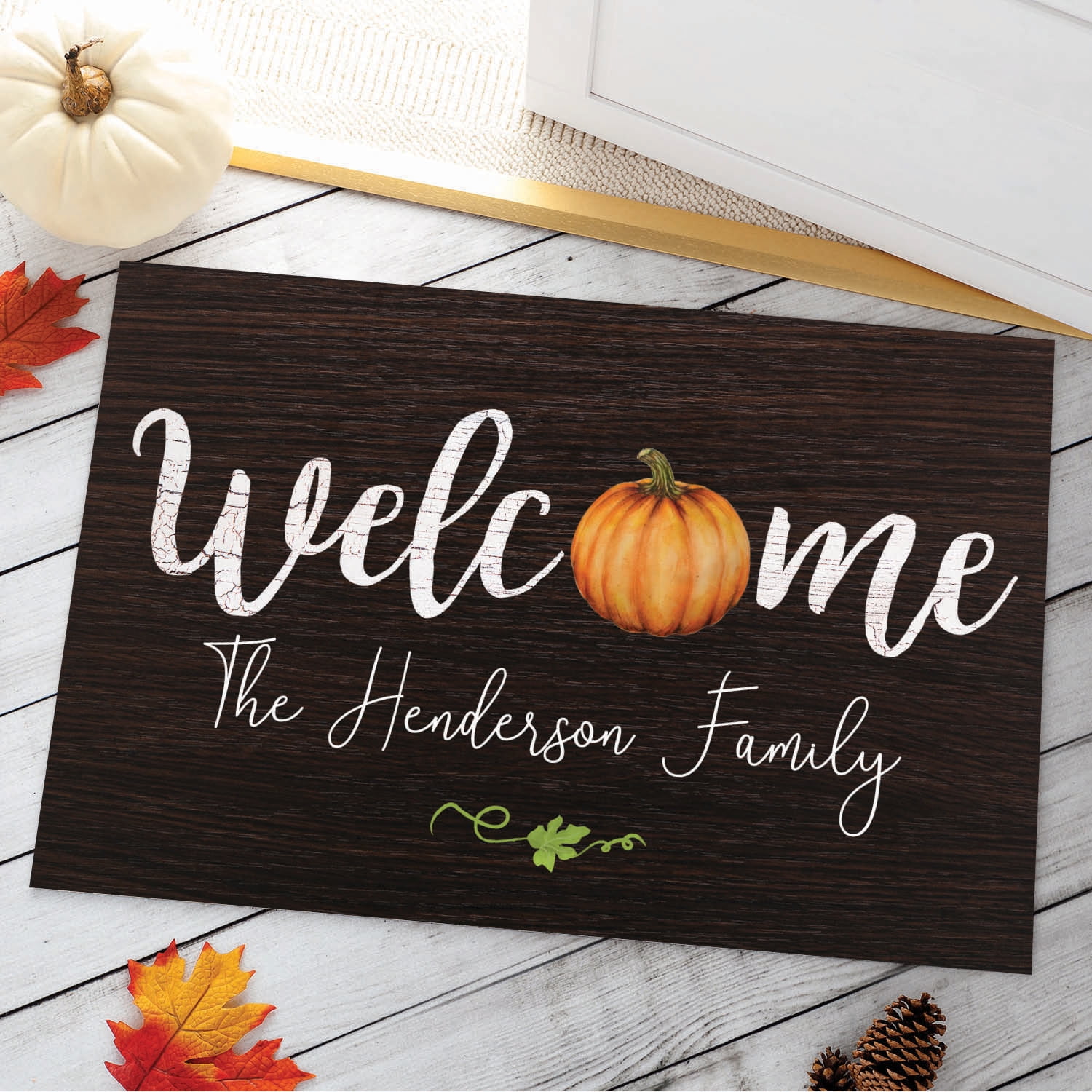 Personalized Planet 27x18 Pumpkin Welcome Doormat with Custom Family Name Printed on Black Rectangular 1/4” Thick Non Slip Mat for Kitchen Hallway Deck or Porch