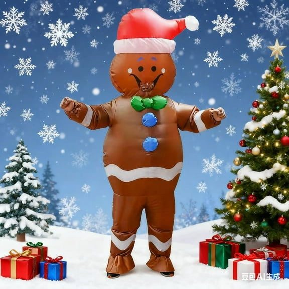 Adult Christmas Gingerbread Man Inflatable Costume Gingerbread Man Jumpsuit Funny Fancy Dress Halloween Cosplay Party Gift,Height 59"–74.8",gingerbread