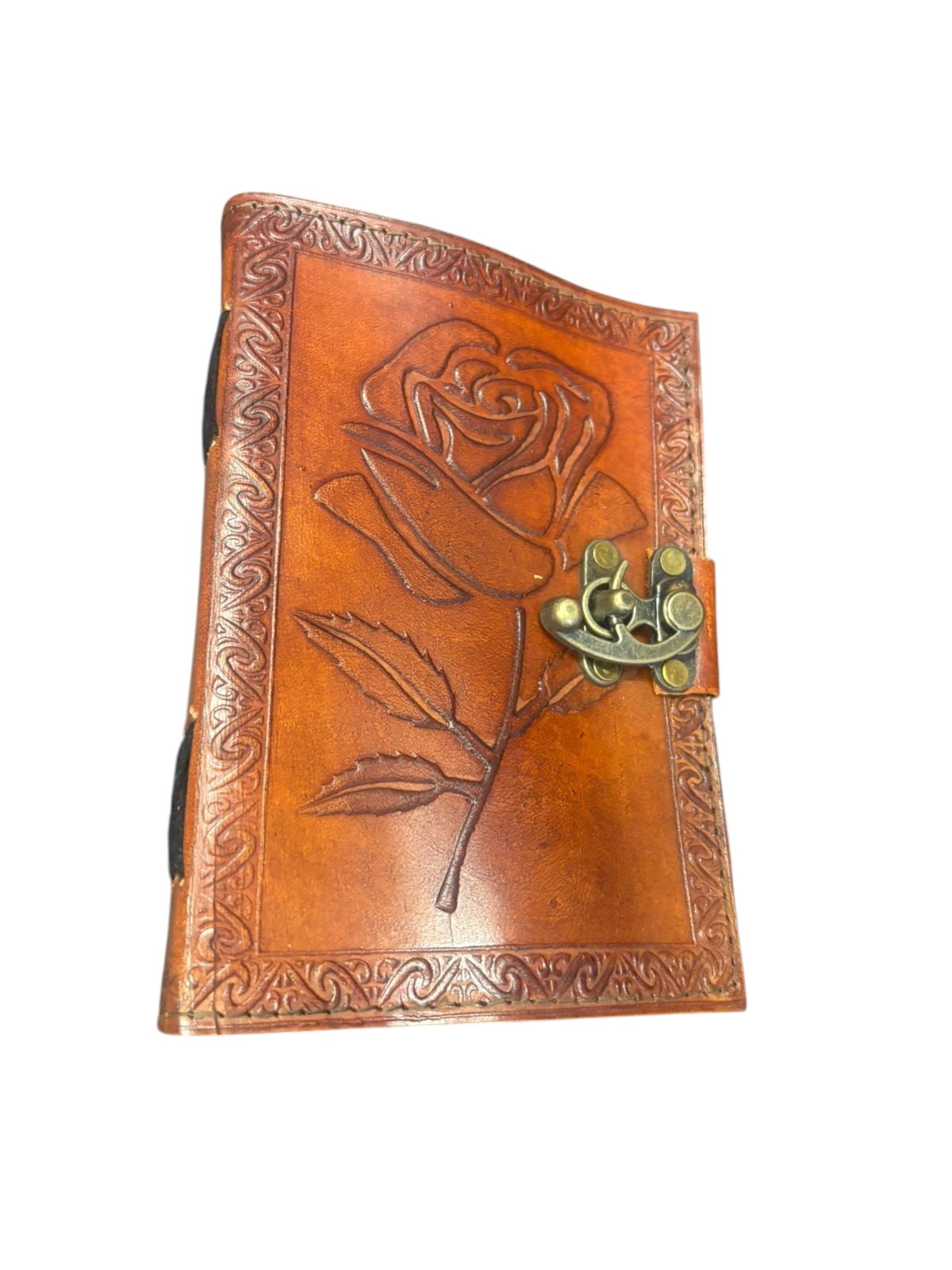 Handmade Leather Journal with Rose Design & Lock – 5x7 Inch, White Drawing Pages, Vintage Diary Notebook