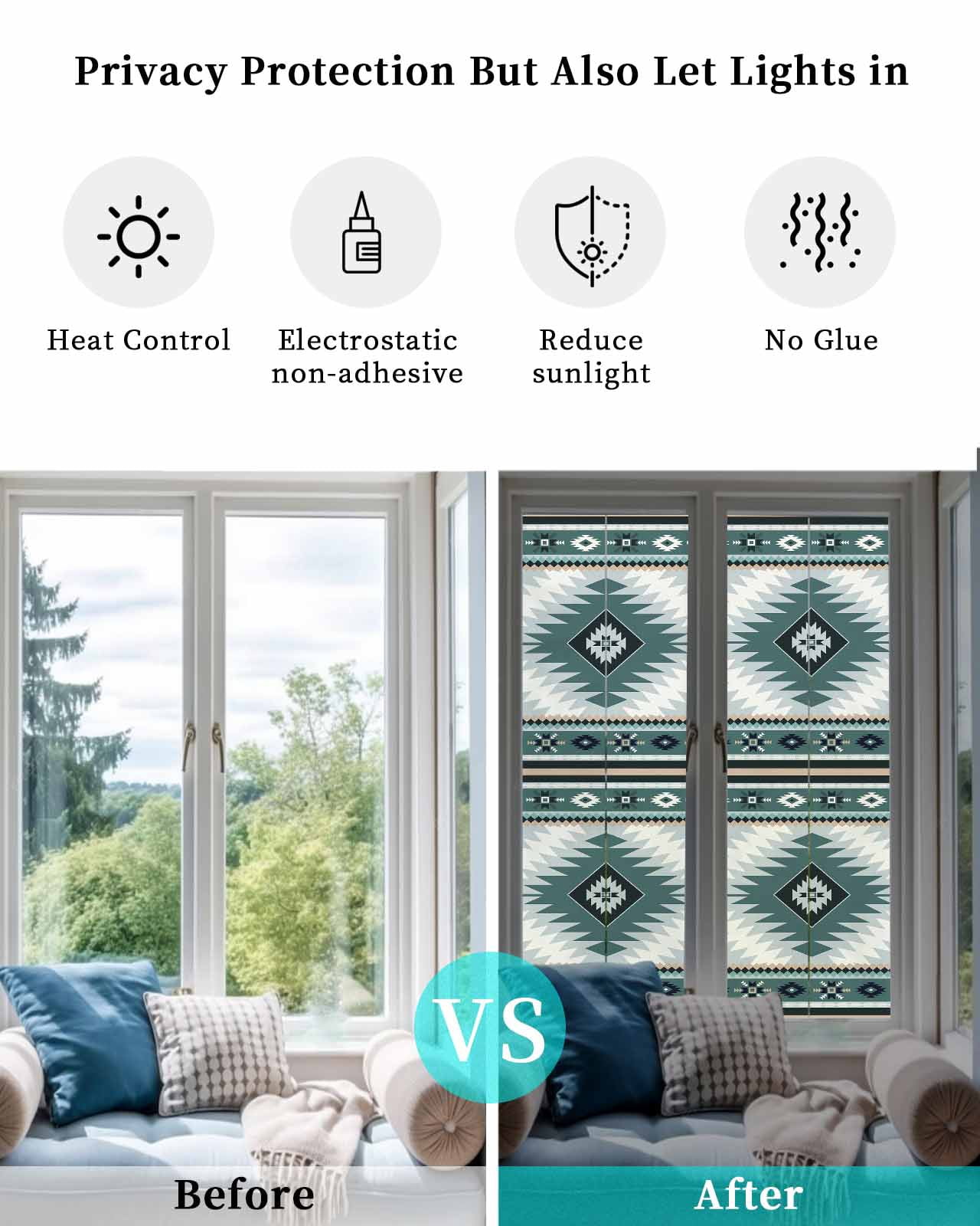 Window Privacy Film Teal Gray Boho Stained Glass Window Film Decorative Sun Block Window Cover Southwestern Ethnic Abstract Geometric Window Clings Static Adhesive Sticker for Bathroom 23.6"x78.7"