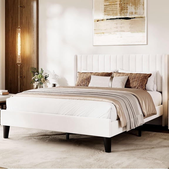 Memoryfield Queen Size Bed Frame with Wingback Headboard, Upholstered Platform Bed with Wooden Slats Support, No Box Spring Needed, Noise Free, White