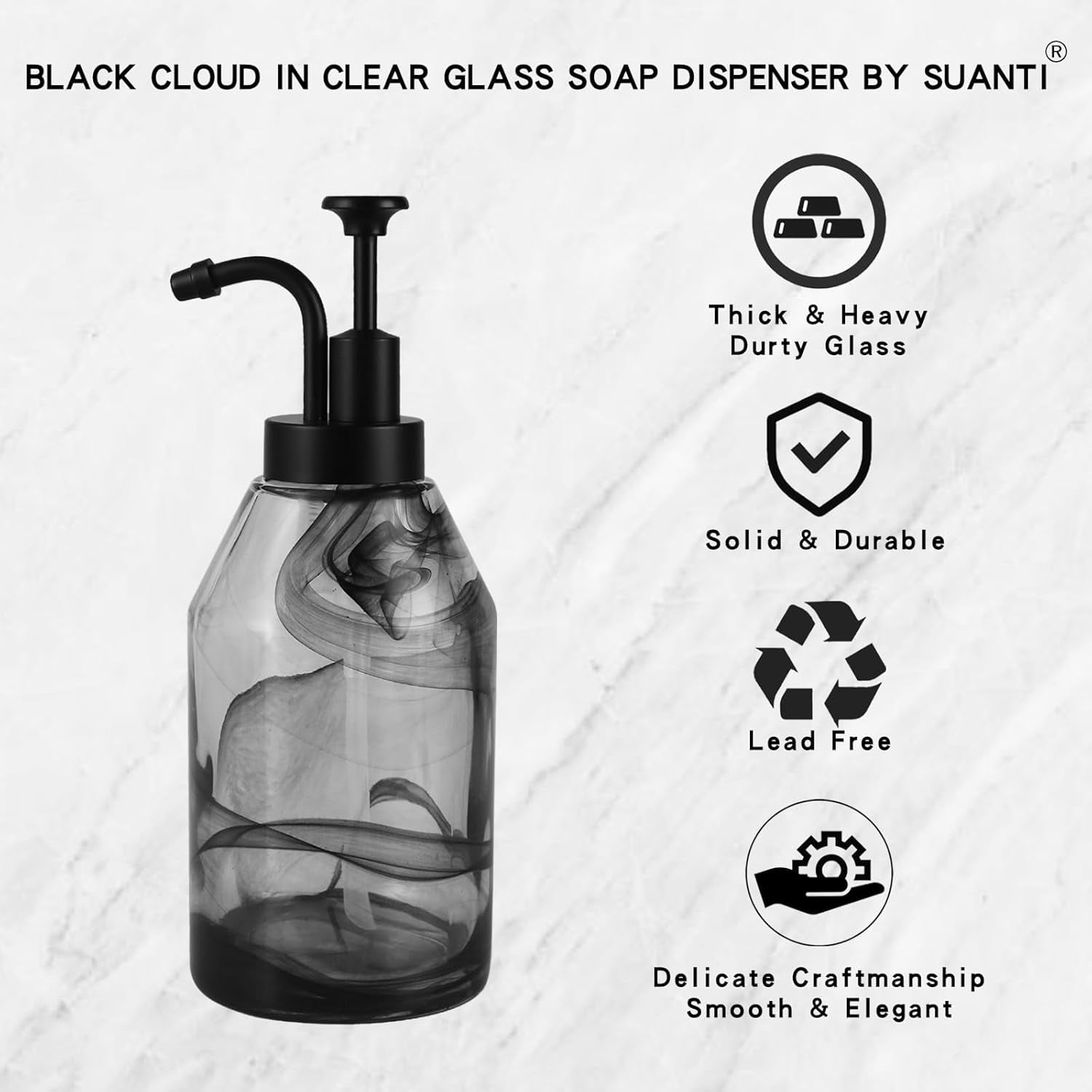 Glass Soap Dispenser for Kitchen and Bathroom Counter, 12.5 Oz Unique Black Smog Thick Glass Hand Soap Bottle with Smooth Action Rust-Free ABS Pump, Dish Soap,Lotion Liquid (Black)