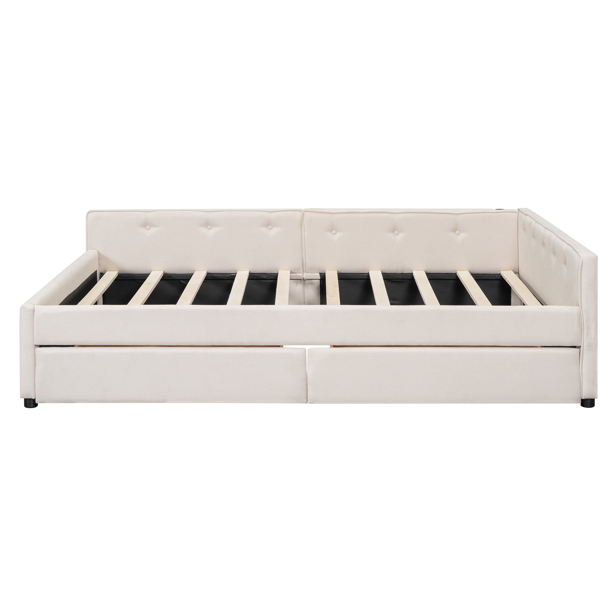 Euroco Upholstered Queen Size Platform Bed with 2 Storage Drawers for Kids Teens, Beige