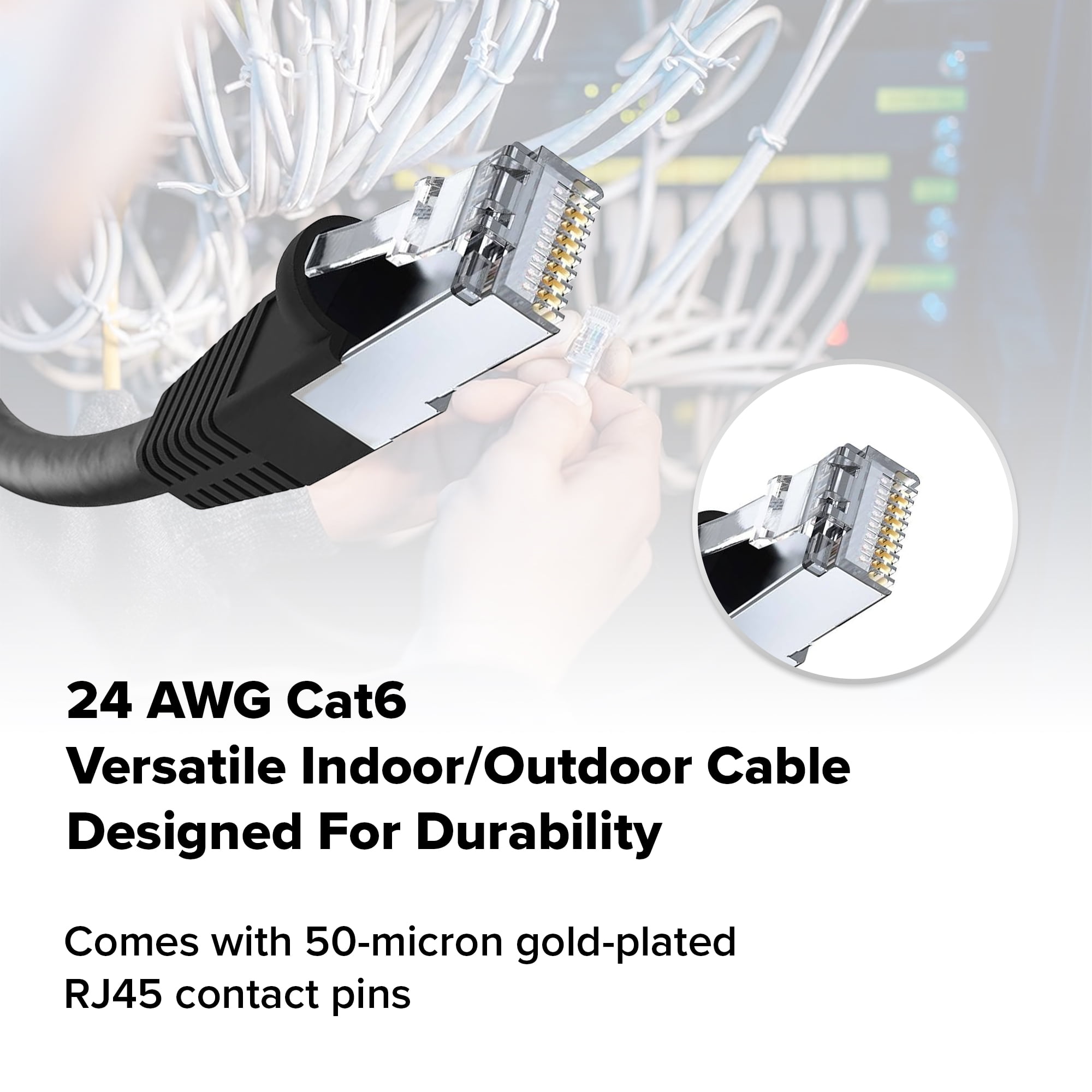 Cat 6 Ethernet Cable 5 FT in Black 2 Pack 10 Gbps Speed Network Round Rj45 Outdoor Indoor Direct Burial Bare Copper LAN Patch Cable for Router Gaming PS5 XBOX Printer Computer CCTV Switch
