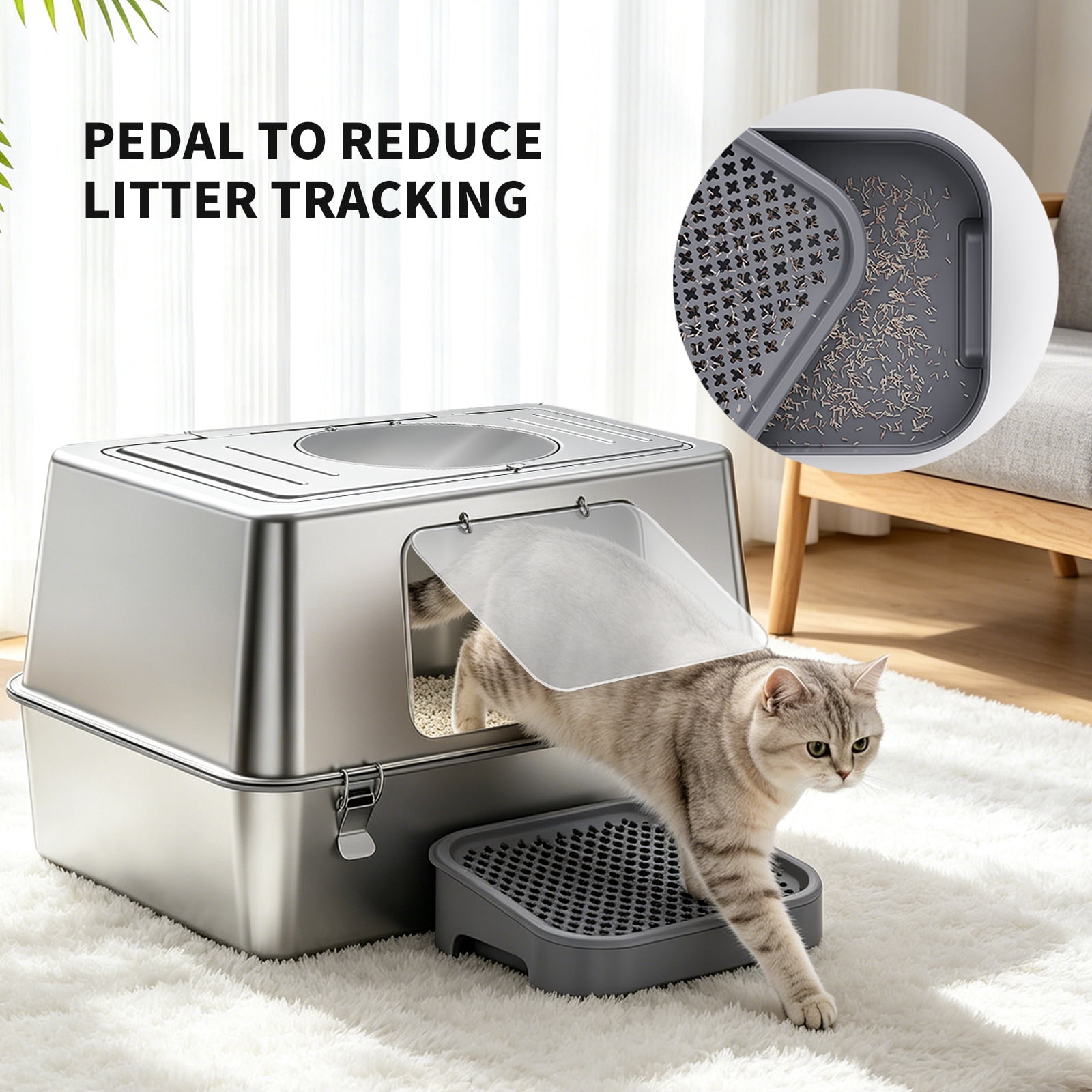 Stainless Steel Litter Box with Lid, Fully Enclosed Metal Cat Litter Box, Leak-Proof, Clumping Litter for Large, Multi-Cats