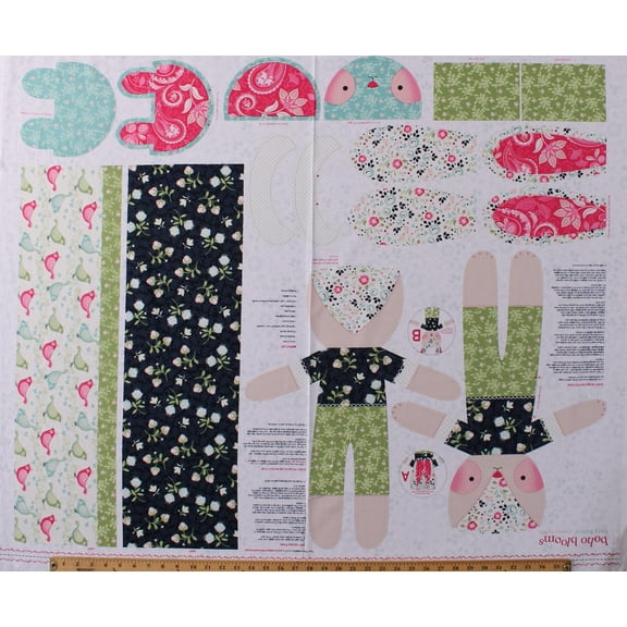 36" X 44" Panel Bunny Bunnies Flowers Boho Blooms Cream Cotton Fabric Panel (4966P-17)