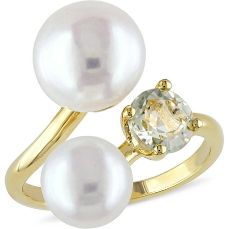 Tangelo 8-8.5mm and 10-10.5mm White Button Cultured Freshwater Pearl with 4/5 Carat T.G.W. Green Amethyst Yellow Rhodium-Plated Sterling Silver Bypass Ring