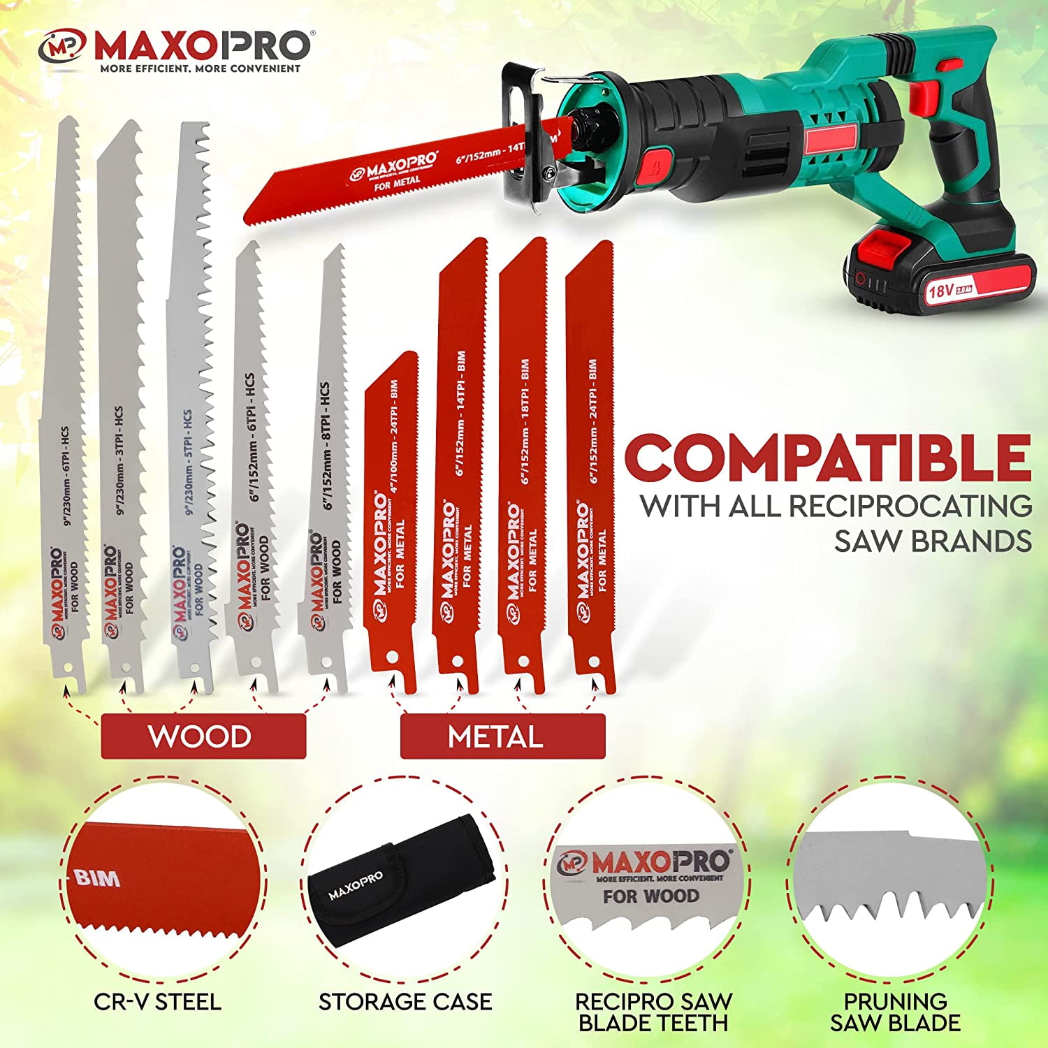 32-Pieces Reciprocating Saw Blades Set – Premium Blades for Metal and Woodcutting – Durable & Sharp Pruning Saw Blades with Organizer Pouch - by MaxoPro