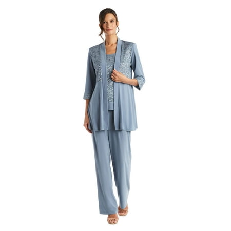 R&M Richards Women's Lace ITY 2 Piece Pant Suit - Mother of the bride outfit, 10 Slate