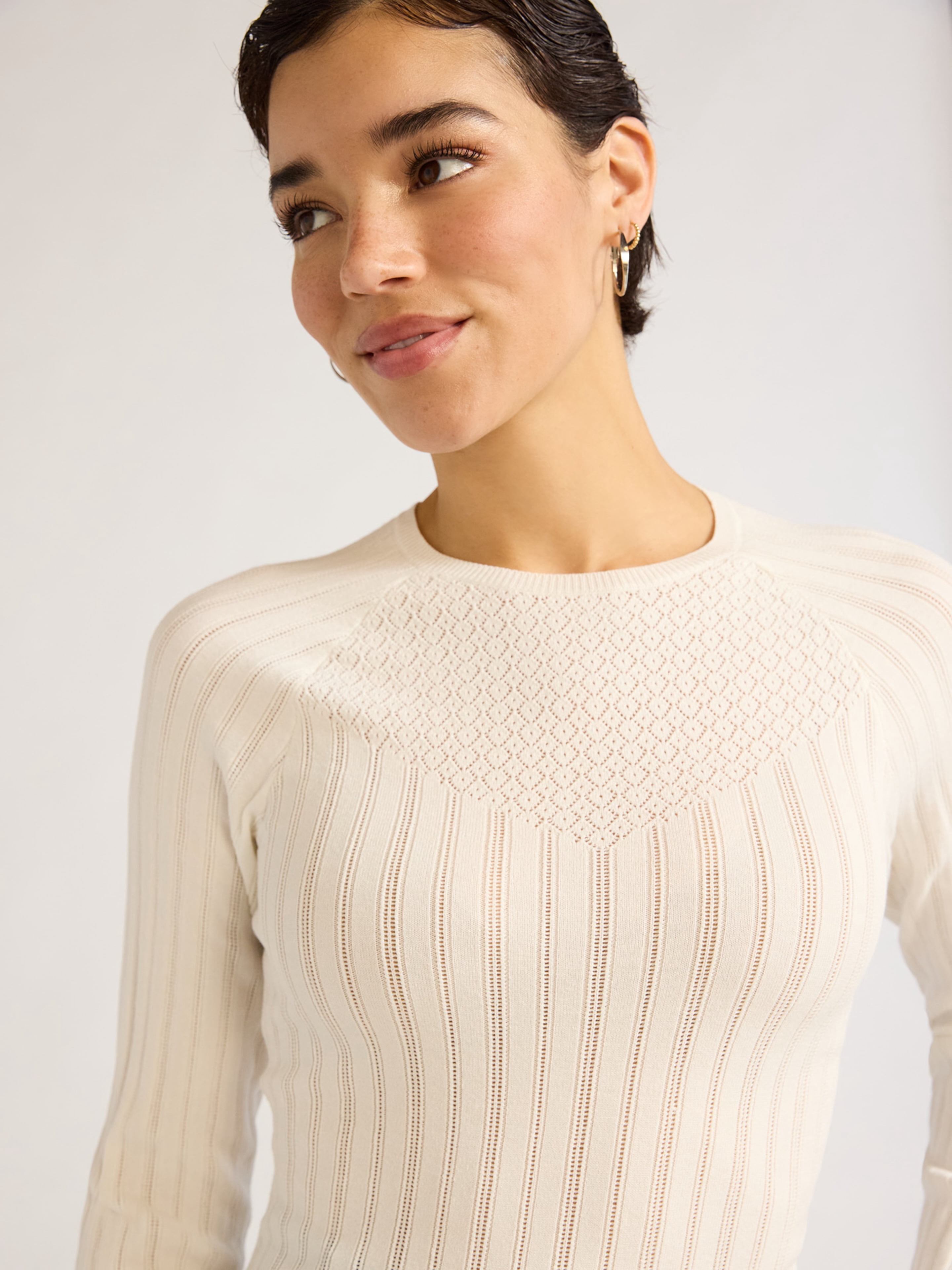 Sofia Jeans Women's Lace Crewneck Sweater with Long Sleeves, Lightweight, Sizes XS-XXL