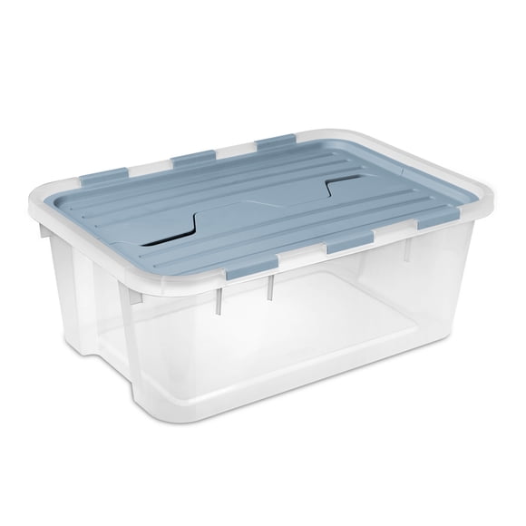 Sterilite 38 L Hinged Lid Storage Box, Clear Plastic Storage Bin with Flip Open Lid, Light Blue