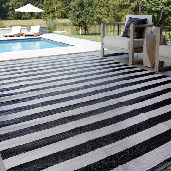 5x7 Waterproof, Reversible Plastic Straw Outdoor Rugs for Patios | Also for Camping, RV, Deck, Porch, Balcony, Camp, Patio | Black, Stripes | Size: 5' x 6'11''