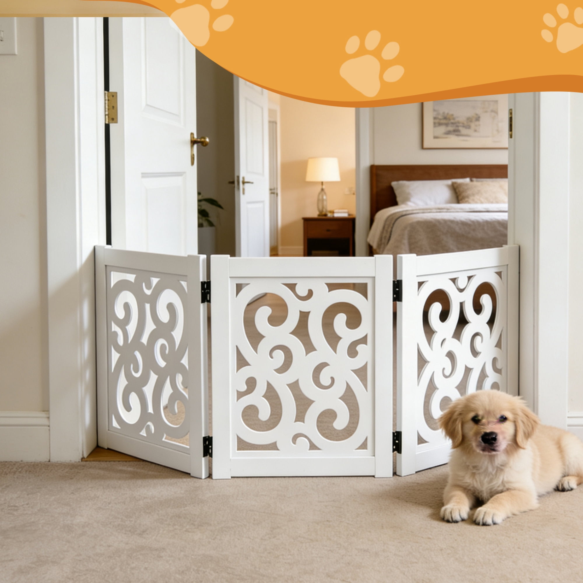 Ashfield & Harkness: 3-Panel Pet Gate - Scroll White - Wooden Foldable Freestanding Fence, Small Dogs & Puppy, 48 x 19.3", Indoor-Doorway-Halls-Stairs