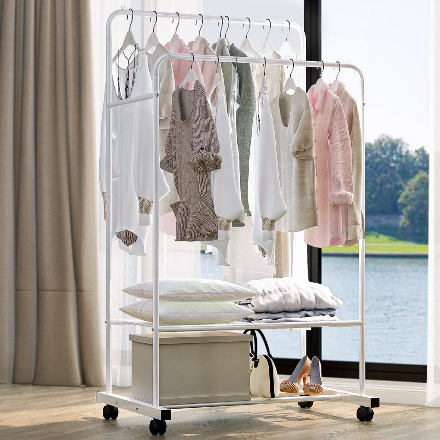 Clothing Rack with Shelves Double Rails Rolling Garment Rack for