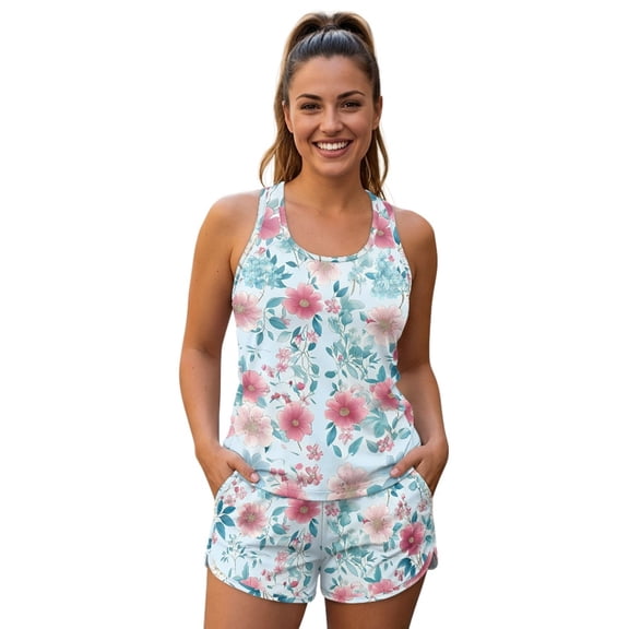 DISNIMO Flower Printed Tankini Swimsuits for Women Two Piece Bathing Suits Athletic Swimwear Breathable Swim Tank Top with Shorts, S
