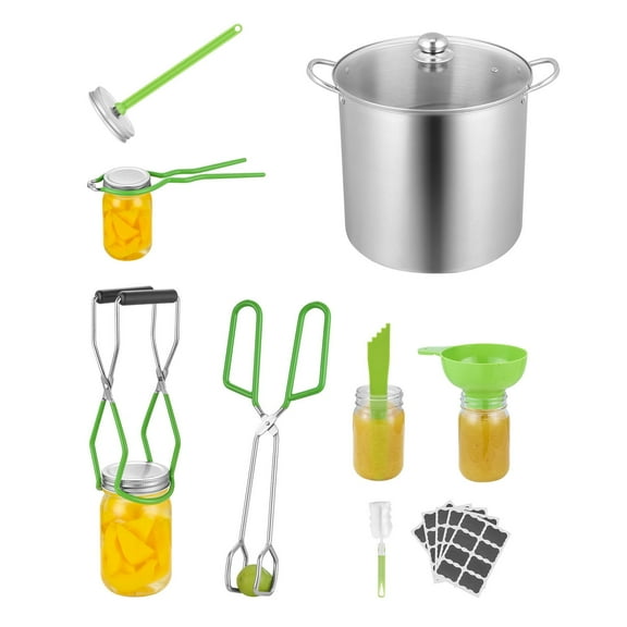 KFFKFF 9-Piece Heat-Resistant Stainless Steel Canning Set Food Grade Includes Pot, Rack, Lid, Funnel, Tongs, Jar Lifter, Wrench, Magnetic Wand, Bubble Propper