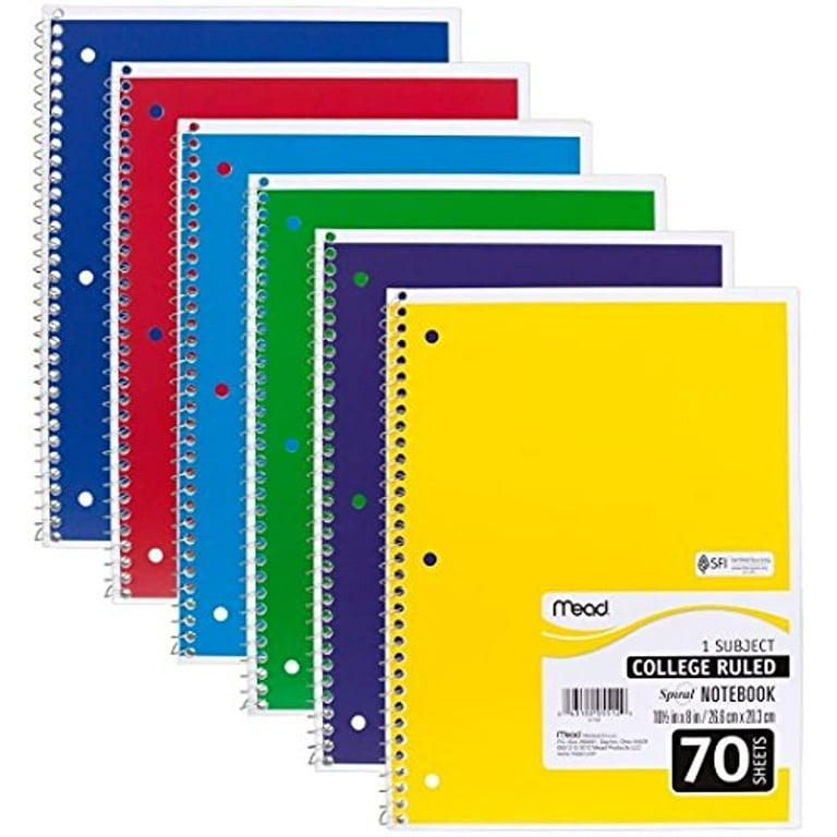 Mead Spiral Notebooks, 6 Pack, 1 Subject, College Ruled Paper, 7-1/2 x  10-1/2, 70 Sheets per Notebook, Color Will Vary (73065)