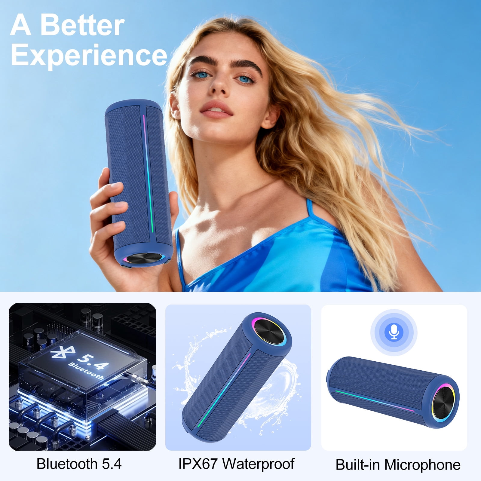 Jierben Bluetooth Speaker with Subwoofer, Bluetooth 5.4 Portable Speaker with 30W Loud Sound, Built-in Mic, 5H Playtime, LED Lights, IPX5, TWS Pairing